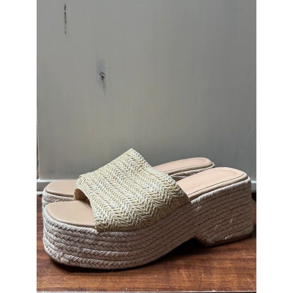 Womens Wedge Sandals 7.5 EUC Braided Straw Platform Slide Mules Beige - Picture 2 of 5